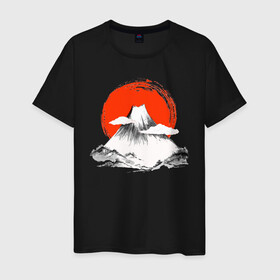 Мужская футболка хлопок с принтом Гора Фудзияма в Кировске, 100% хлопок | прямой крой, круглый вырез горловины, длина до линии бедер, слегка спущенное плечо. | japan | japanese | акварель | восходящие солнце | гора | закат | искуство | красками | краски | красное | на груди | облака | облако | пейзаж | склон | солнце | солнышко | спереди | туристическая | фудзияма