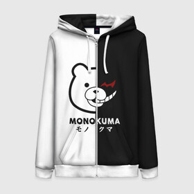 Женская толстовка 3D на молнии с принтом _Monokuma_ в Кировске, 100% полиэстер | длина до линии бедра, манжеты и пояс оформлены мягкой тканевой резинкой, двухслойный капюшон со шнурком для регулировки, спереди молния, по бокам два кармана | anime | character | dangan ronpa | kawai | manga | аниме | анимэ | глаз | данганронпа | двухцветная | директор | злодей | из | изображение | кавай | крутой | лицо | манга | медведь | милый | мишка | на груди | необычный | нос