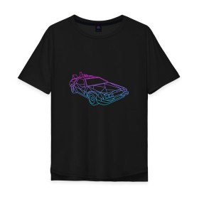 Мужская футболка хлопок Oversize с принтом DeLorean gradient в Кировске, 100% хлопок | свободный крой, круглый ворот, “спинка” длиннее передней части | Тематика изображения на принте: автомобиль | арт | градиент | машина | неон | силуэт | тачка | фильм | цвета