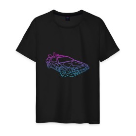 Мужская футболка хлопок с принтом DeLorean gradient в Кировске, 100% хлопок | прямой крой, круглый вырез горловины, длина до линии бедер, слегка спущенное плечо. | Тематика изображения на принте: автомобиль | арт | градиент | машина | неон | силуэт | тачка | фильм | цвета