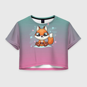 Женская футболка Crop-top 3D с принтом Милый лисенок в Кировске, 100% полиэстер | круглая горловина, длина футболки до линии талии, рукава с отворотами | fox | венок | животные | лиса | лисенок | лисичка | полевые цветы | полынь | рисунок | ромашки | стикер | цветы