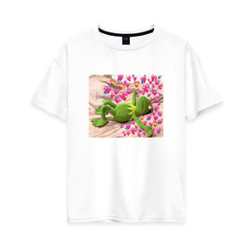 Женская футболка хлопок Oversize с принтом Кермит и сердечки в Кировске, 100% хлопок | свободный крой, круглый ворот, спущенный рукав, длина до линии бедер
 | интернет мем | кермит | любовь | мем | персонаж | прикол | сердечки | сердца | улица сезам