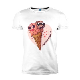 Мужская футболка премиум с принтом Вместе навсегда в Кировске, 92% хлопок, 8% лайкра | приталенный силуэт, круглый вырез ворота, длина до линии бедра, короткий рукав | art | heart | horn | ice cream | арт | любовь | мороженое | очки | рожок | сердечки | сердце