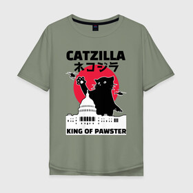 Мужская футболка хлопок Oversize с принтом Catzilla King of Pawster в Кировске, 100% хлопок | свободный крой, круглый ворот, “спинка” длиннее передней части | cat | catzilla | kitty | paw | pawster | годзилла | кот | котики | коты | кошки | пародия