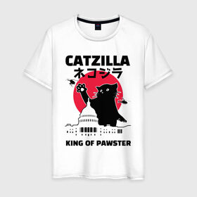 Мужская футболка хлопок с принтом Catzilla King of Pawster в Кировске, 100% хлопок | прямой крой, круглый вырез горловины, длина до линии бедер, слегка спущенное плечо. | cat | catzilla | kitty | paw | pawster | годзилла | кот | котики | коты | кошки | пародия