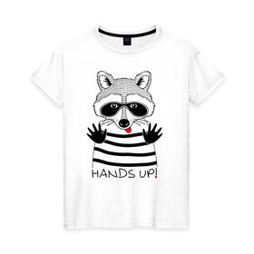 Женская футболка хлопок с принтом Hands up! в Кировске, 100% хлопок | прямой крой, круглый вырез горловины, длина до линии бедер, слегка спущенное плечо | 