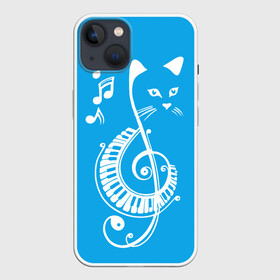 Чехол для iPhone 13 с принтом Котик Меломан голубой в Кировске,  |  | blue | cat | music | musical | white | белый | день | игроман | кот | котик | котиков | котиком | котов | кошек | кошка | меломан | музыка | музыкальный | ноты | с белым | с котом | с нотами | студент | студента | фон