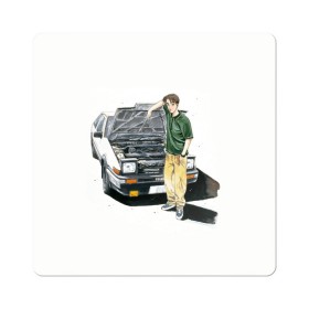 Магнит виниловый Квадрат с принтом Initial D Takumi & Toyota AE 86 в Кировске, полимерный материал с магнитным слоем | размер 9*9 см, закругленные углы | Тематика изображения на принте: ae 86 | anime | car | fujiwara | initial d | japan | jdm | levin | stance | takumi | toyota | trueno | автомобили | аниме | гонки | инициал д | такуми