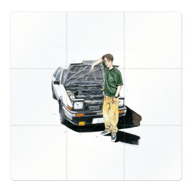 Магнитный плакат 3Х3 с принтом Initial D Takumi & Toyota AE 86 в Кировске, Полимерный материал с магнитным слоем | 9 деталей размером 9*9 см | ae 86 | anime | car | fujiwara | initial d | japan | jdm | levin | stance | takumi | toyota | trueno | автомобили | аниме | гонки | инициал д | такуми