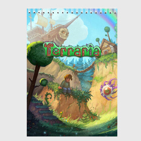 Скетчбук с принтом Terraria в Кировске, 100% бумага
 | 48 листов, плотность листов — 100 г/м2, плотность картонной обложки — 250 г/м2. Листы скреплены сверху удобной пружинной спиралью | minecraft | terraria | инди игры | майнкрафт | террария