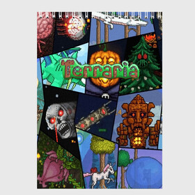 Скетчбук с принтом Terraria в Кировске, 100% бумага
 | 48 листов, плотность листов — 100 г/м2, плотность картонной обложки — 250 г/м2. Листы скреплены сверху удобной пружинной спиралью | minecraft | terraria | инди игры | майнкрафт | террария