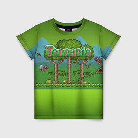 Детская футболка 3D с принтом Terraria в Кировске, 100% гипоаллергенный полиэфир | прямой крой, круглый вырез горловины, длина до линии бедер, чуть спущенное плечо, ткань немного тянется | minecraft | terraria | инди игры | майнкрафт | террария