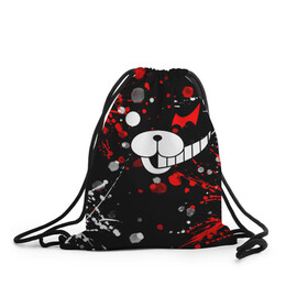 Рюкзак-мешок 3D с принтом MONOKUMA. в Кировске, 100% полиэстер | плотность ткани — 200 г/м2, размер — 35 х 45 см; лямки — толстые шнурки, застежка на шнуровке, без карманов и подкладки | Тематика изображения на принте: anime | bear | black  white | danganronpa | kurokuma | monodam | monokuma | monomi | monotaro | pink | rabbit | school | shirokuma | аниме | главарь | мoноми | монокума | черно белый | школа