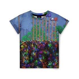 Детская футболка 3D с принтом TERRARIA в Кировске, 100% гипоаллергенный полиэфир | прямой крой, круглый вырез горловины, длина до линии бедер, чуть спущенное плечо, ткань немного тянется | game | pixel | terraria | игра | пиксель | террариа