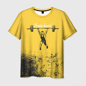 Мужская футболка 3D с принтом Train hard в Кировске, 100% полиэфир | прямой крой, круглый вырез горловины, длина до линии бедер | lifting | wheight lifting | wheightlifting | тяжелая атлетика | штанга | штангист