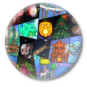 Значок с принтом Terraria allpic в Кировске,  металл | круглая форма, металлическая застежка в виде булавки | game | pixel | terraria | игра | пиксель | террариа