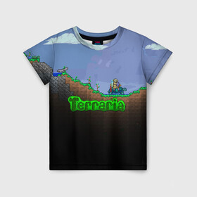 Детская футболка 3D с принтом terraria game в Кировске, 100% гипоаллергенный полиэфир | прямой крой, круглый вырез горловины, длина до линии бедер, чуть спущенное плечо, ткань немного тянется | Тематика изображения на принте: game | pixel | terraria | игра | пиксель | террариа