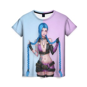 Женская футболка 3D с принтом League of Legends Jinx в Кировске, 100% полиэфир ( синтетическое хлопкоподобное полотно) | прямой крой, круглый вырез горловины, длина до линии бедер | art | braids | cartridges | character | game | girl | jinx | league of legends | lol | pigtails | tattoo | арт | девушка | джинкс | игра | косички | косы | лига легенд | лол | патроны | персонаж | тату