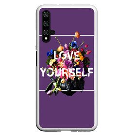 Чехол для Honor 20 с принтом Love Yourself в Кировске, Силикон | Область печати: задняя сторона чехла, без боковых панелей | Тематика изображения на принте: bangtan | bighit | boy | fake love | j hope | jimin | jin | jungkook | korea | kpop | live | luv | mic drop | rm | suga | v | with | бтс | кей | поп