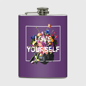 Фляга с принтом Love Yourself в Кировске, металлический корпус | емкость 0,22 л, размер 125 х 94 мм. Виниловая наклейка запечатывается полностью | Тематика изображения на принте: bangtan | bighit | boy | fake love | j hope | jimin | jin | jungkook | korea | kpop | live | luv | mic drop | rm | suga | v | with | бтс | кей | поп