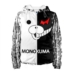 Женская куртка 3D с принтом MONOKUMA. в Кировске, ткань верха — 100% полиэстер, подклад — флис | прямой крой, подол и капюшон оформлены резинкой с фиксаторами, два кармана без застежек по бокам, один большой потайной карман на груди. Карман на груди застегивается на липучку | anime | bear | black  white | danganronpa | kurokuma | monodam | monokuma | monomi | monotaro | pink | rabbit | school | shirokuma | аниме | главарь | мoноми | монокума | черно белый | школа