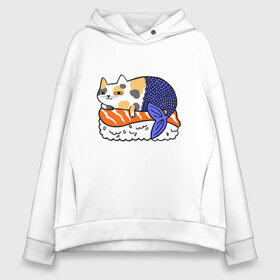 Женское худи Oversize хлопок с принтом Sushi Cat в Кировске, френч-терри — 70% хлопок, 30% полиэстер. Мягкий теплый начес внутри —100% хлопок | боковые карманы, эластичные манжеты и нижняя кромка, капюшон на магнитной кнопке | animal | cat | cute | kitty | meow | друг | животные | киска | китти | кот | котенок | котик | кошечка | кошка | лев | леопард | милый | мур | мяу | пантера | питомец | рысь | тигр | улыбка