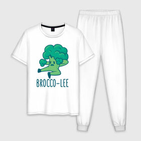 Мужская пижама хлопок с принтом Brocco Lee в Кировске, 100% хлопок | брюки и футболка прямого кроя, без карманов, на брюках мягкая резинка на поясе и по низу штанин
 | broccoli | vegan | veggie | брокко ли | брокколи | брюс ли | веган | вегетарианец