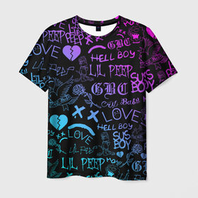 Мужская футболка 3D с принтом LIL PEEP NEON ЛИЛ ПИП НЕОН в Кировске, 100% полиэфир | прямой крой, круглый вырез горловины, длина до линии бедер | lil peep | lil prince | pink | зарубежная музыка | лил пип | маленький принц