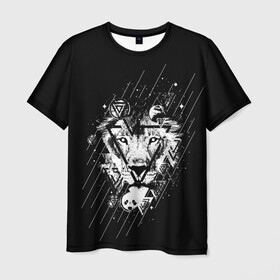 Мужская футболка 3D с принтом Лев  в Кировске, 100% полиэфир | прямой крой, круглый вырез горловины, длина до линии бедер | leon | геометрия | женская толстовка | женская футболка со львом | животные | лев | мужская футболка со львом | треугольники | черная толстовка | черная футболка
