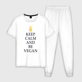 Мужская пижама хлопок с принтом Keep calm and be vegan в Кировске, 100% хлопок | брюки и футболка прямого кроя, без карманов, на брюках мягкая резинка на поясе и по низу штанин
 | keep calm and be vegan | vegaan | vegan | vegetables | vegetarian | ананас | веган | вегатерианец | вегетарианец | заткнись и будь веганом | зож | йога | медитация | овощи | экология | я веган