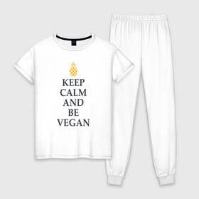 Женская пижама хлопок с принтом Keep calm and be vegan в Кировске, 100% хлопок | брюки и футболка прямого кроя, без карманов, на брюках мягкая резинка на поясе и по низу штанин | keep calm and be vegan | vegaan | vegan | vegetables | vegetarian | ананас | веган | вегатерианец | вегетарианец | заткнись и будь веганом | зож | йога | медитация | овощи | экология | я веган