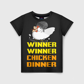 Детская футболка 3D с принтом Winner Chicken Dinner в Кировске, 100% гипоаллергенный полиэфир | прямой крой, круглый вырез горловины, длина до линии бедер, чуть спущенное плечо, ткань немного тянется | asia | battle | chicken | dinner | duo | epic | guide | lucky | map | miramar | mobile | mortal | pro | royale | solo | winner | битва | лут | пабг | пубг | стрим | топ