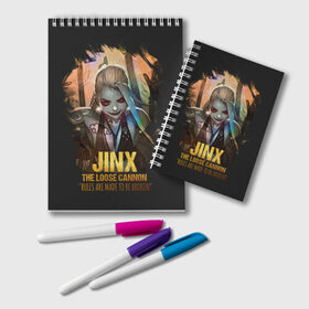 Блокнот с принтом Jinx в Кировске, 100% бумага | 48 листов, плотность листов — 60 г/м2, плотность картонной обложки — 250 г/м2. Листы скреплены удобной пружинной спиралью. Цвет линий — светло-серый
 | Тематика изображения на принте: jinx | kda | league | lol | moba | pentakill | riot | rise | rus | skins | варвик | варус | воин | легенд | лига | лол | маг | стрелок | танк | чемпион