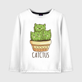 Детский лонгслив хлопок с принтом Кактус Котики в Кировске, 100% хлопок | круглый вырез горловины, полуприлегающий силуэт, длина до линии бедер | Тематика изображения на принте: cacti | cactus | cat | kitty | plants | кактус | кот | котики | кошка | растения | цветы