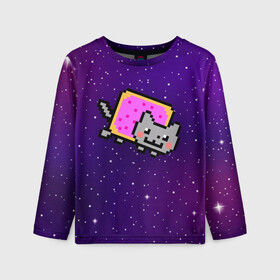 Детский лонгслив 3D с принтом Nyan Cat в Кировске, 100% полиэстер | длинные рукава, круглый вырез горловины, полуприлегающий силуэт
 | cat | meme | nyan cat | space | youtube | животное | звезды | интернет | космос | кошка | мем | прикол | радуга | юмор | ютуб