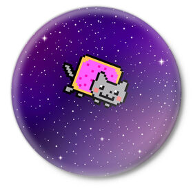 Значок с принтом Nyan Cat в Кировске,  металл | круглая форма, металлическая застежка в виде булавки | Тематика изображения на принте: cat | meme | nyan cat | space | youtube | животное | звезды | интернет | космос | кошка | мем | прикол | радуга | юмор | ютуб