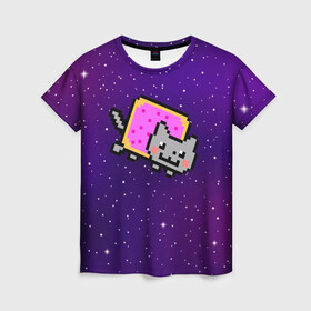 Женская футболка 3D с принтом Nyan Cat в Кировске, 100% полиэфир ( синтетическое хлопкоподобное полотно) | прямой крой, круглый вырез горловины, длина до линии бедер | cat | meme | nyan cat | space | youtube | животное | звезды | интернет | космос | кошка | мем | прикол | радуга | юмор | ютуб