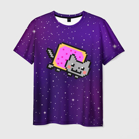 Мужская футболка 3D с принтом Nyan Cat в Кировске, 100% полиэфир | прямой крой, круглый вырез горловины, длина до линии бедер | cat | meme | nyan cat | space | youtube | животное | звезды | интернет | космос | кошка | мем | прикол | радуга | юмор | ютуб