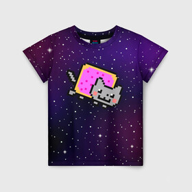 Детская футболка 3D с принтом Nyan Cat в Кировске, 100% гипоаллергенный полиэфир | прямой крой, круглый вырез горловины, длина до линии бедер, чуть спущенное плечо, ткань немного тянется | cat | meme | nyan cat | space | youtube | животное | звезды | интернет | космос | кошка | мем | прикол | радуга | юмор | ютуб