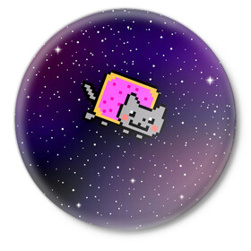 Значок с принтом Nyan Cat в Кировске,  металл | круглая форма, металлическая застежка в виде булавки | Тематика изображения на принте: cat | meme | nyan cat | space | youtube | животное | звезды | интернет | космос | кошка | мем | прикол | радуга | юмор | ютуб