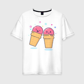 Женская футболка хлопок Oversize с принтом Мороженки в Кировске, 100% хлопок | свободный крой, круглый ворот, спущенный рукав, длина до линии бедер
 | мороженка мороженки пара вкусняшка любовь отн