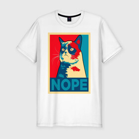 Мужская футболка хлопок Slim с принтом Grumpy Cat в Кировске, 92% хлопок, 8% лайкра | приталенный силуэт, круглый вырез ворота, длина до линии бедра, короткий рукав | cat | grumpy | meme | nope | интернет | кот | кот мем | кошка | мем | ноуп | прикол | угрюмый | юмор
