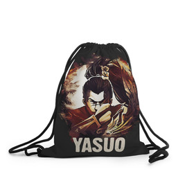 Рюкзак-мешок 3D с принтом Yasuo в Кировске, 100% полиэстер | плотность ткани — 200 г/м2, размер — 35 х 45 см; лямки — толстые шнурки, застежка на шнуровке, без карманов и подкладки | jinx | kda | league | lol | moba | pentakill | riot | rise | rus | skins | варвик | варус | воин | легенд | лига | лол | маг | стрелок | танк | чемпион