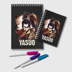 Блокнот с принтом Yasuo в Кировске, 100% бумага | 48 листов, плотность листов — 60 г/м2, плотность картонной обложки — 250 г/м2. Листы скреплены удобной пружинной спиралью. Цвет линий — светло-серый
 | Тематика изображения на принте: jinx | kda | league | lol | moba | pentakill | riot | rise | rus | skins | варвик | варус | воин | легенд | лига | лол | маг | стрелок | танк | чемпион