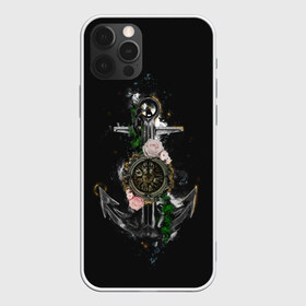 Чехол для iPhone 12 Pro Max с принтом якорь с компасом и цветами в Кировске, Силикон |  | компас | моряк | розы | темный принт | цветы | якорь