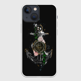 Чехол для iPhone 13 mini с принтом якорь с компасом и цветами в Кировске,  |  | Тематика изображения на принте: компас | моряк | розы | темный принт | цветы | якорь
