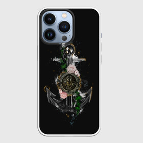 Чехол для iPhone 13 Pro с принтом якорь с компасом и цветами в Кировске,  |  | Тематика изображения на принте: компас | моряк | розы | темный принт | цветы | якорь