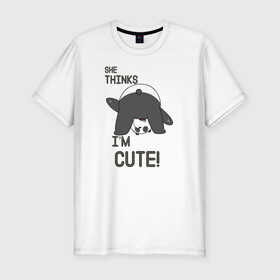 Мужская футболка хлопок Slim с принтом She thinks в Кировске, 92% хлопок, 8% лайкра | приталенный силуэт, круглый вырез ворота, длина до линии бедра, короткий рукав | grizzly | ice bear | panda | the three bare bears | vdzajul | we bare bears | белый | вся правда о медведях | гризли | панда | правда