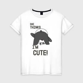 Женская футболка хлопок с принтом She thinks в Кировске, 100% хлопок | прямой крой, круглый вырез горловины, длина до линии бедер, слегка спущенное плечо | grizzly | ice bear | panda | the three bare bears | vdzajul | we bare bears | белый | вся правда о медведях | гризли | панда | правда