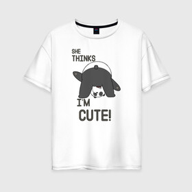 Женская футболка хлопок Oversize с принтом She thinks в Кировске, 100% хлопок | свободный крой, круглый ворот, спущенный рукав, длина до линии бедер
 | grizzly | ice bear | panda | the three bare bears | vdzajul | we bare bears | белый | вся правда о медведях | гризли | панда | правда